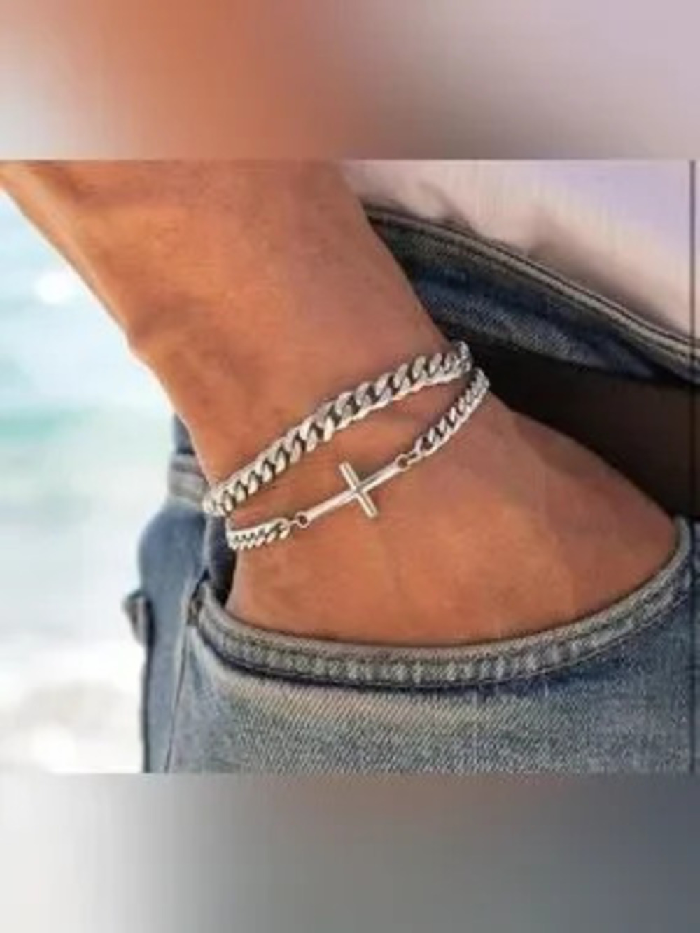 Anthropologie Silver Layered Cross and Curb Chain Bracelet Set